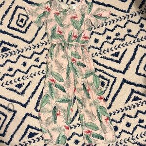 H&M Pink Jumpsuit with Green Tropical Leaf Print